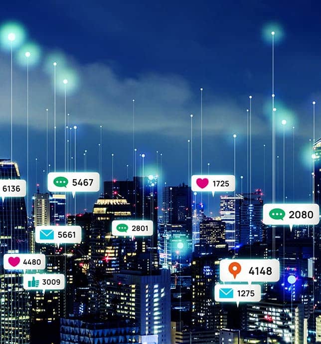 social media graphic showing icons and a city skyline
