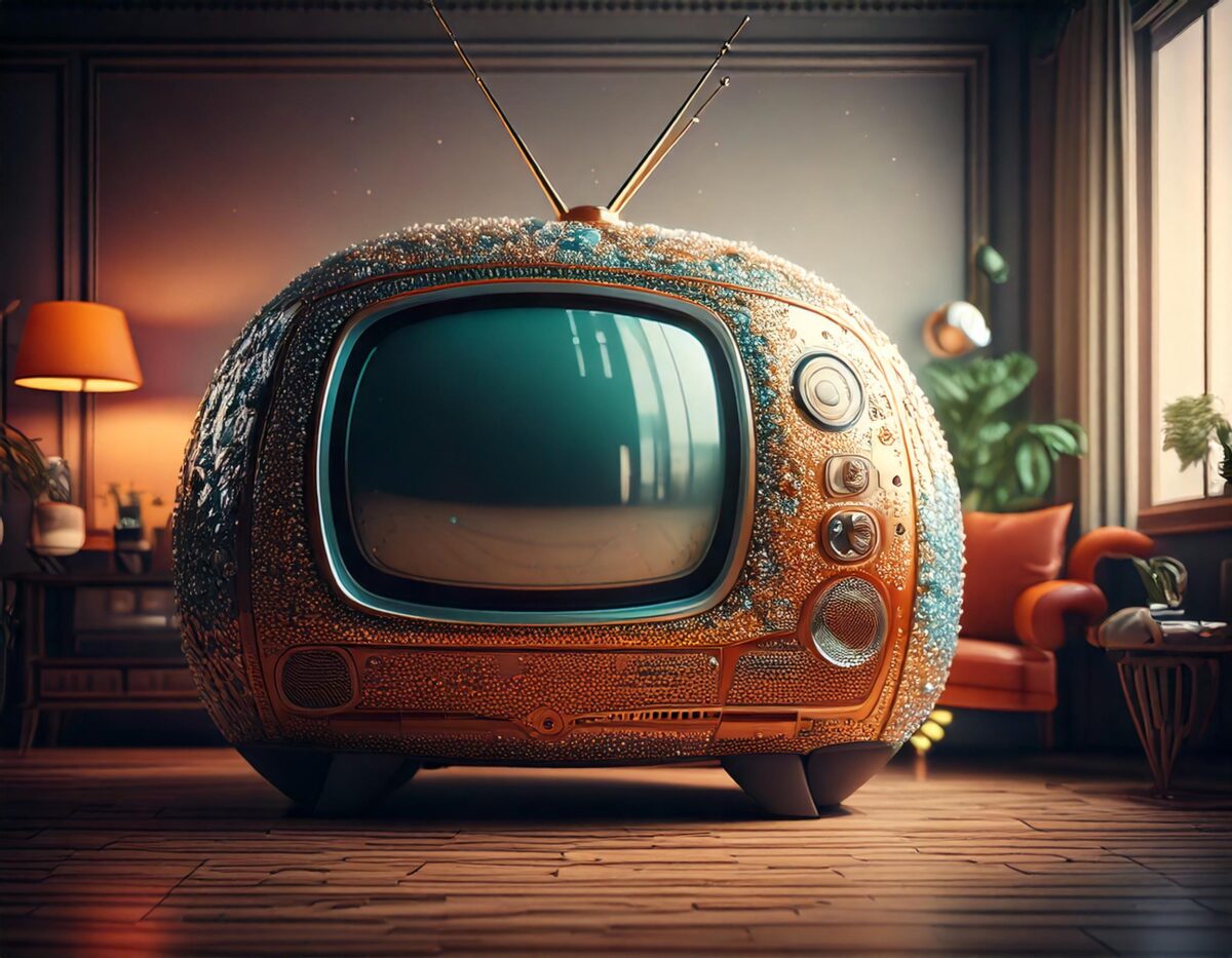 Gold and teal tv that could display Samsung plus CTV