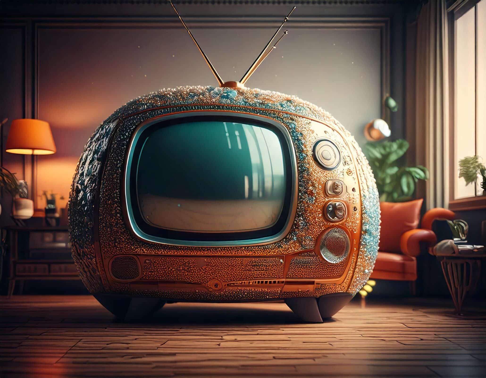 Gold and teal tv that could display Samsung plus CTV