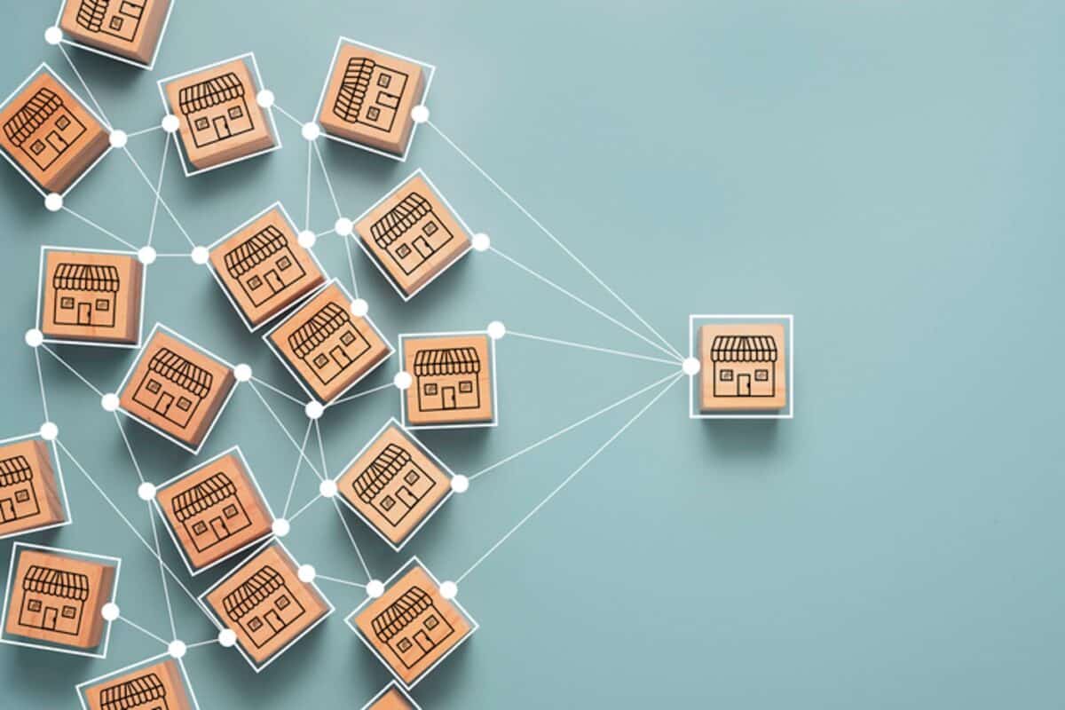 Illustration of franchises on wooden cubes. 