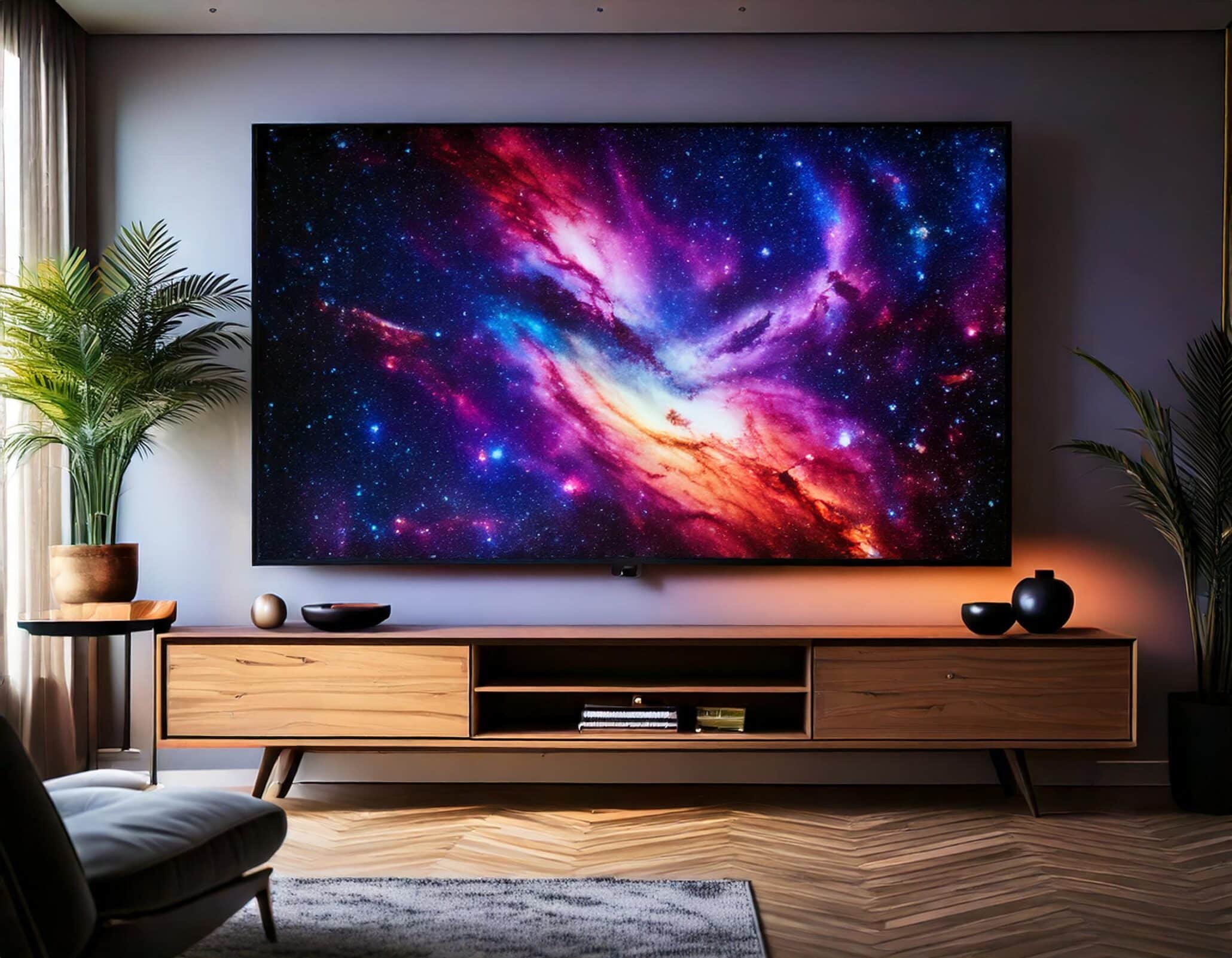 Modern living room setup with a vivid galaxy on a connected TV screen, illustrating how connected TV helps small businesses thrive in advertising.