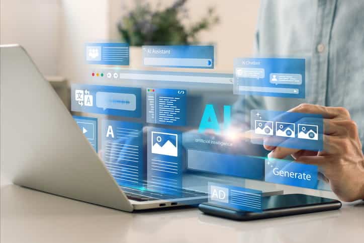 A graphic of a person on a laptop with AI text overtop.