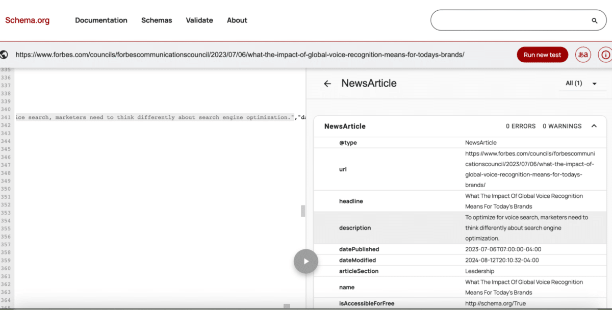 Schema Markup Validator example. 