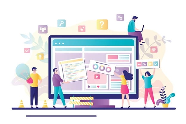 Infographic of a team collaborating on web design, working around a large monitor displaying a website layout with charts, code, and icons, surrounded by creative elements.