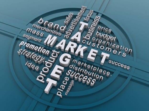 A 3D word cloud with "TARGET MARKET" in the center, surrounded by marketing-related terms on a blue background.