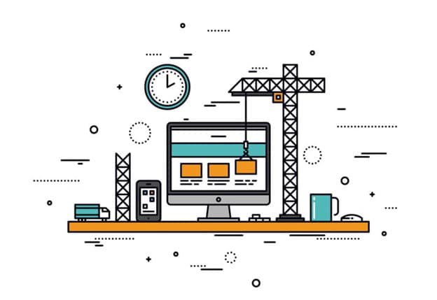 A line art illustration of a desk with a computer displaying a website, a crane, and construction elements.