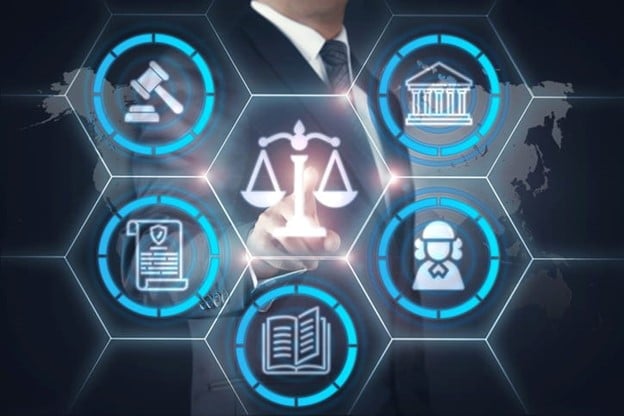A person in a suit interacting with a digital interface featuring icons of justice scales, gavel, and legal symbols.