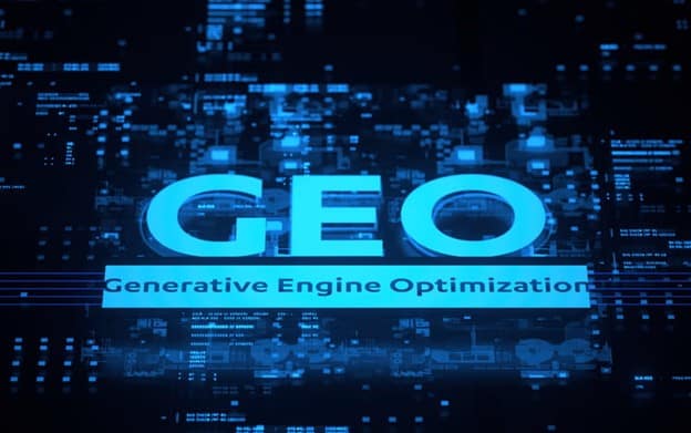 A digital illustration featuring the text "GEO" and "Generative Engine Optimization" in blue over a circuit board background with glowing blue lights.