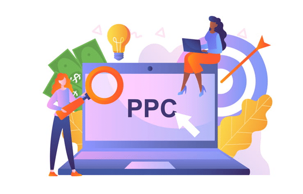 An illustration of a laptop displaying "PPC" with two stylized figures: one holding a magnifying glass and the other sitting with a target, surrounded by money, a light bulb, and arrows.