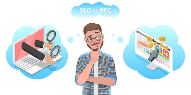 An illustration of a man with arms crossed and a thought bubble saying "SEO vs PPC," with a laptop showing SEO tools like a magnifying glass and gears on one side, and another laptop with PPC ads and coins on the other.