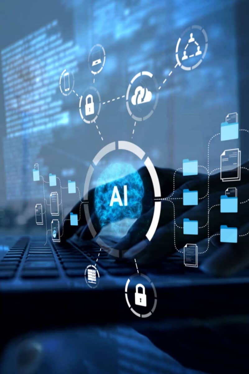 Generative Engine Optimization visual showing hands typing on a laptop with an AI hub and connected cloud, file, and security lock icons.