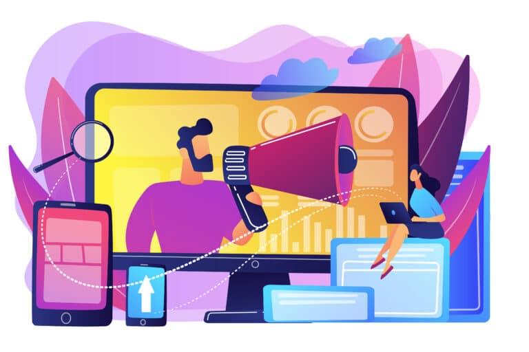 Illustration of a digital marketing scene with a character on a computer screen holding a megaphone, representing online outreach and digital PR strategies.