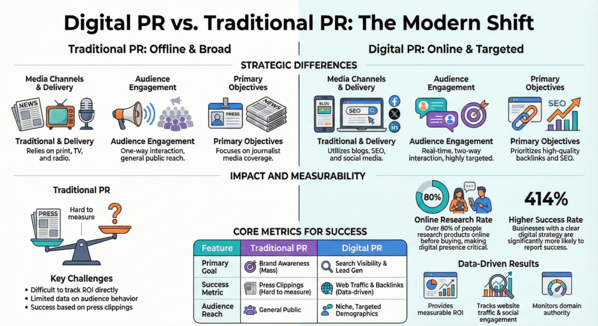 Infographic comparing Traditional PR and Digital PR with illustrated icons, highlighting differences in media channels, delivery methods, engagement style, objectives, challenges and measurable metrics.