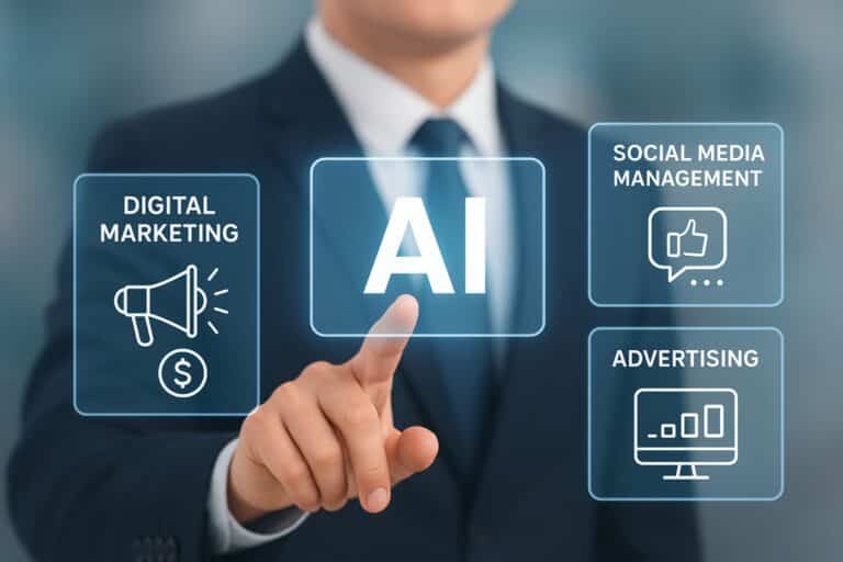 AI‑powered digital marketing interface showing AI, social media management, advertising, and data‑driven strategy icons