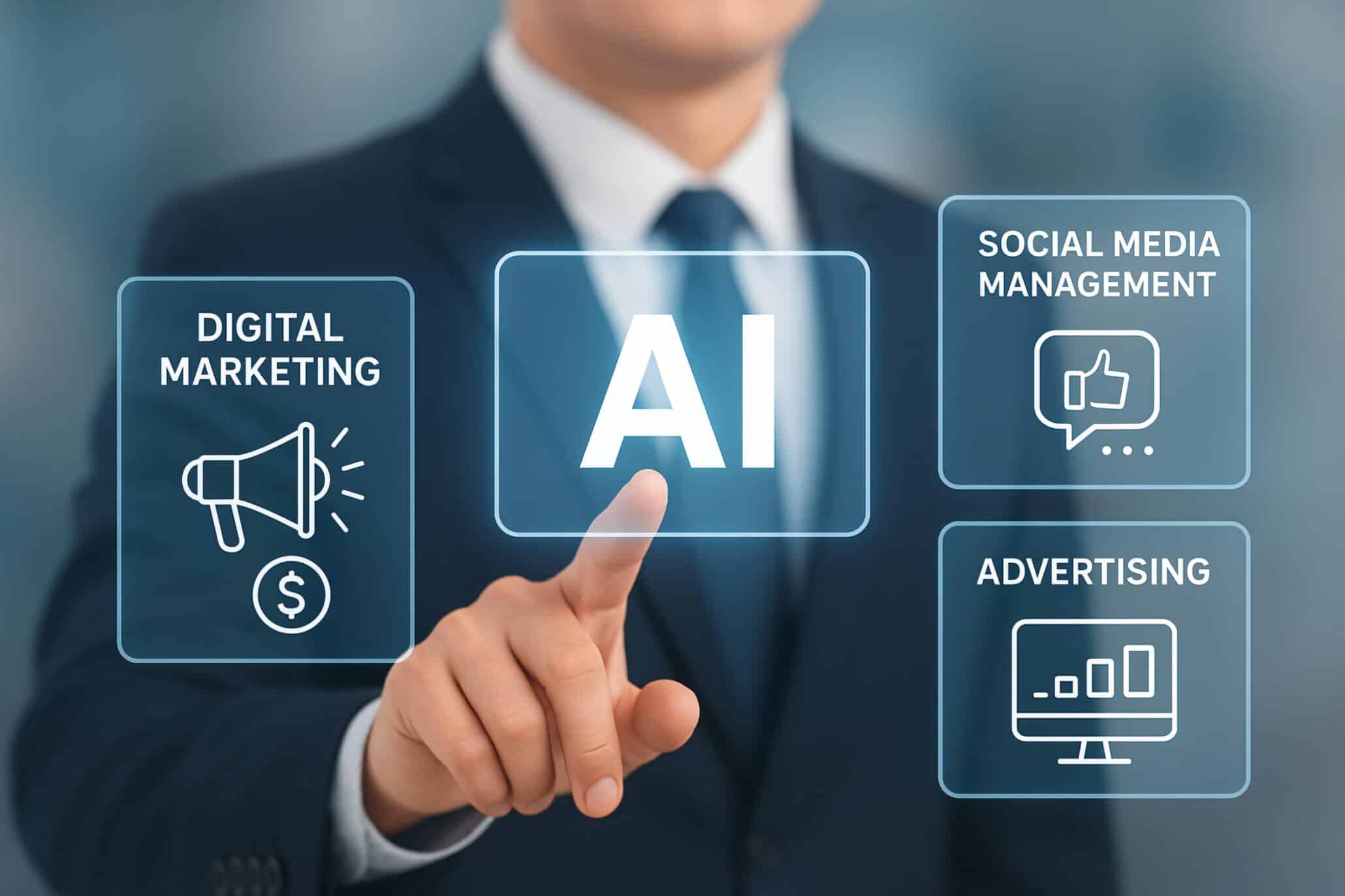 AIโpowered digital marketing interface showing AI, social media management, advertising, and dataโdriven strategy icons
