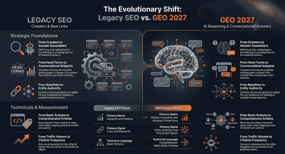 Infographic comparing legacy SEO and GEO 2027, showing the shift from crawlers and backlinks to AI reasoning, conversational answers, entity authority.