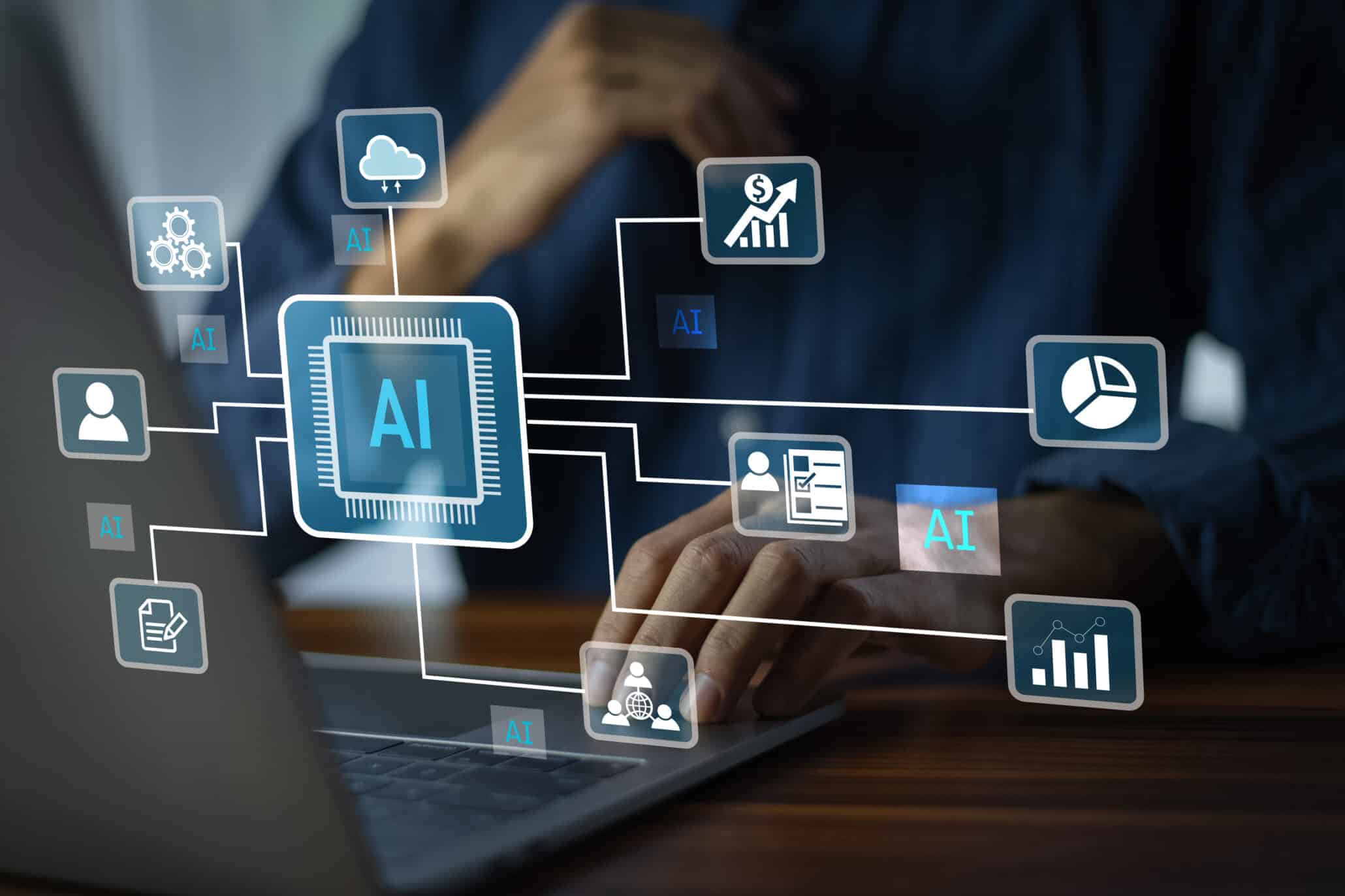 Illustration showing artificial intelligence automation with connected data systems, analytics icons, and digital workflows on a laptop interface.