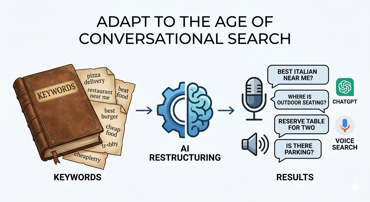 Infographic showing the shift from keyword-based search to conversational AI and voice search, with AI restructuring queries into generative search results for restaurants.