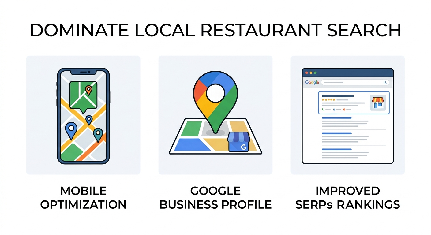 Infographic showing strategies to dominate local restaurant search, including mobile optimization, Google Business Profile management, and improved search rankings.