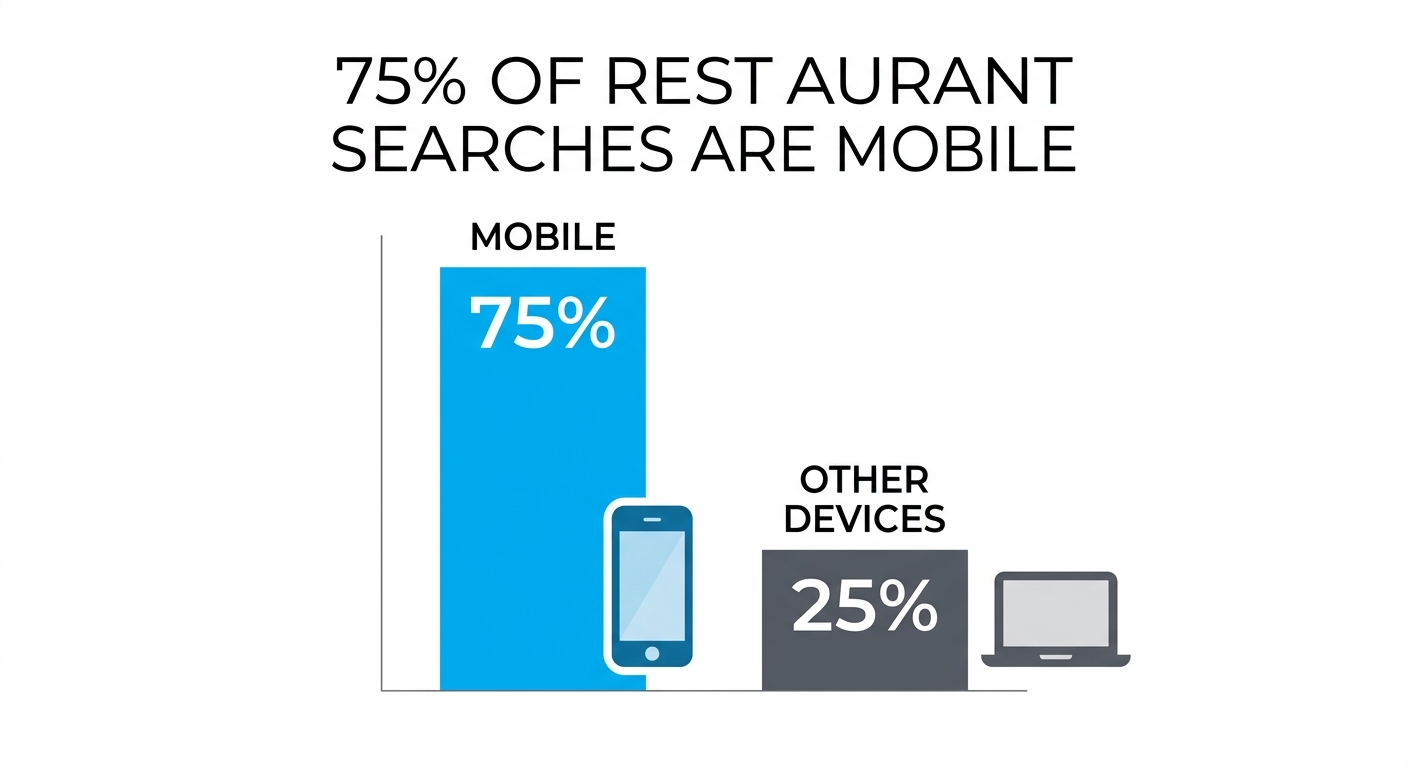 Infographic showing that 75 percent of restaurant searches occur on mobile devices compared to 25 percent on other devices.