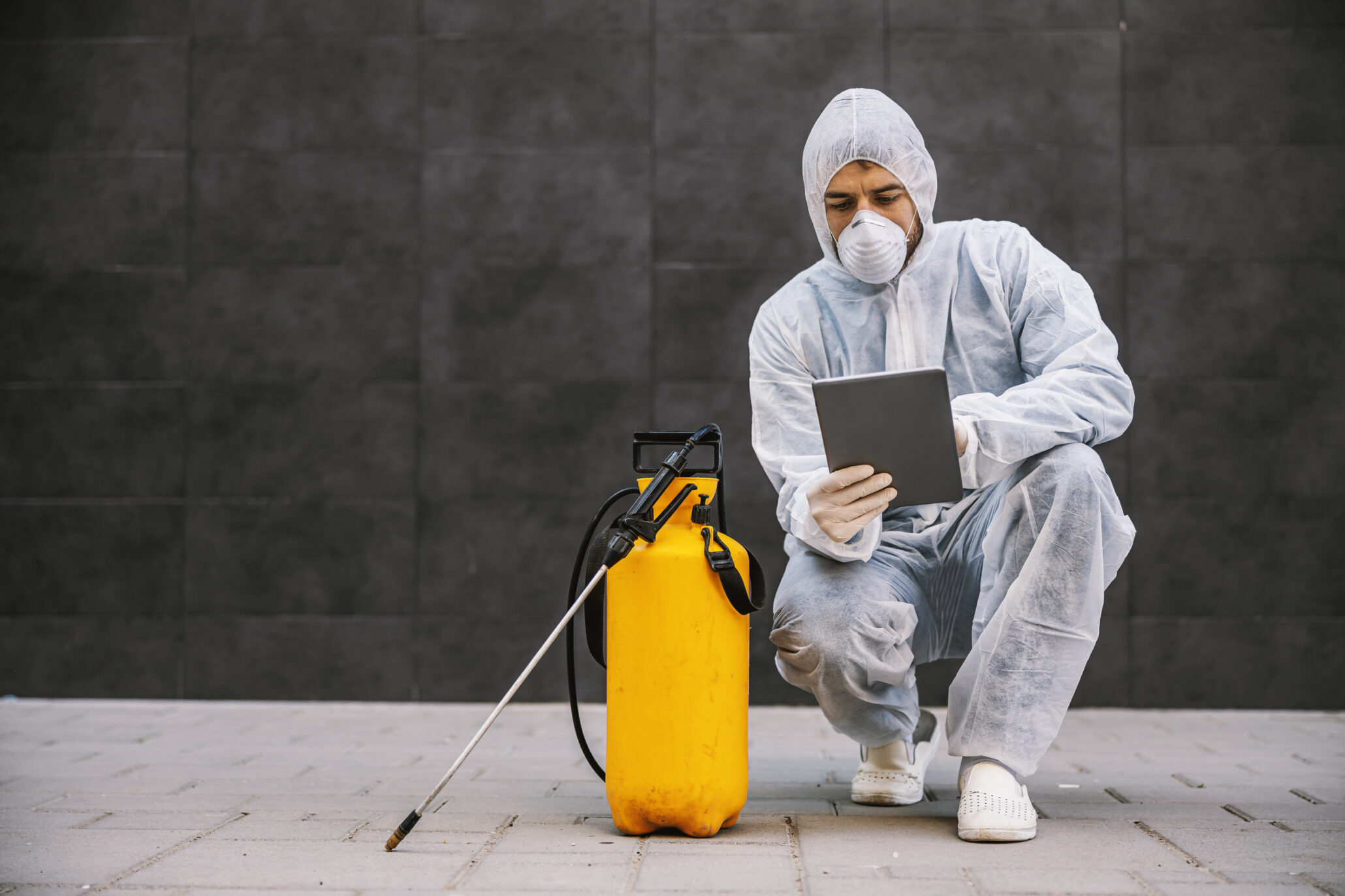 Pest control professional wearing protective gear and using a tablet next to a pesticide sprayer during a pest treatment operation.
