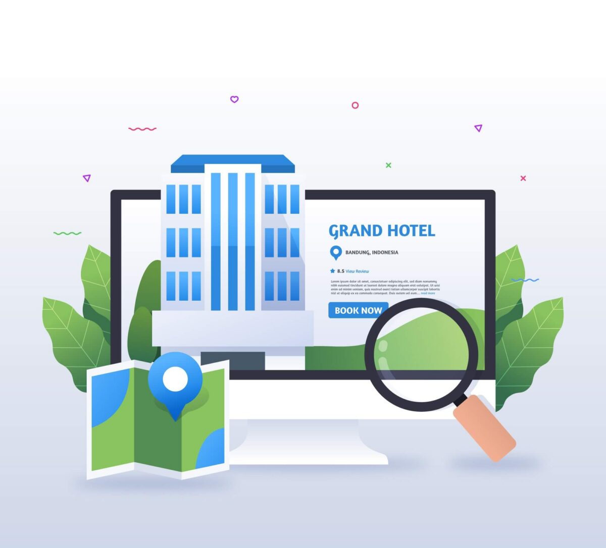 A colorful illustration showing a computer monitor displaying a "Grand Hotel" booking page in Bandung, Indonesia, with a magnifying glass, map pin, and "Book Now" button, representing hotel SEO and online visibility.