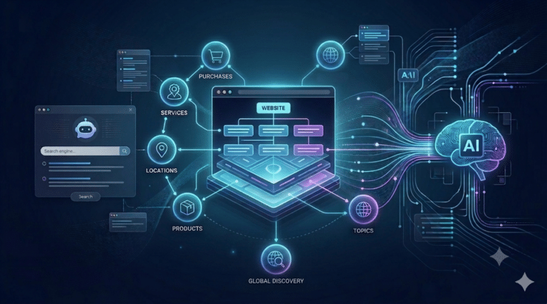 Illustration showing how information architecture, entity mapping, semantic SEO, and website structure improve AI and LLM visibility.