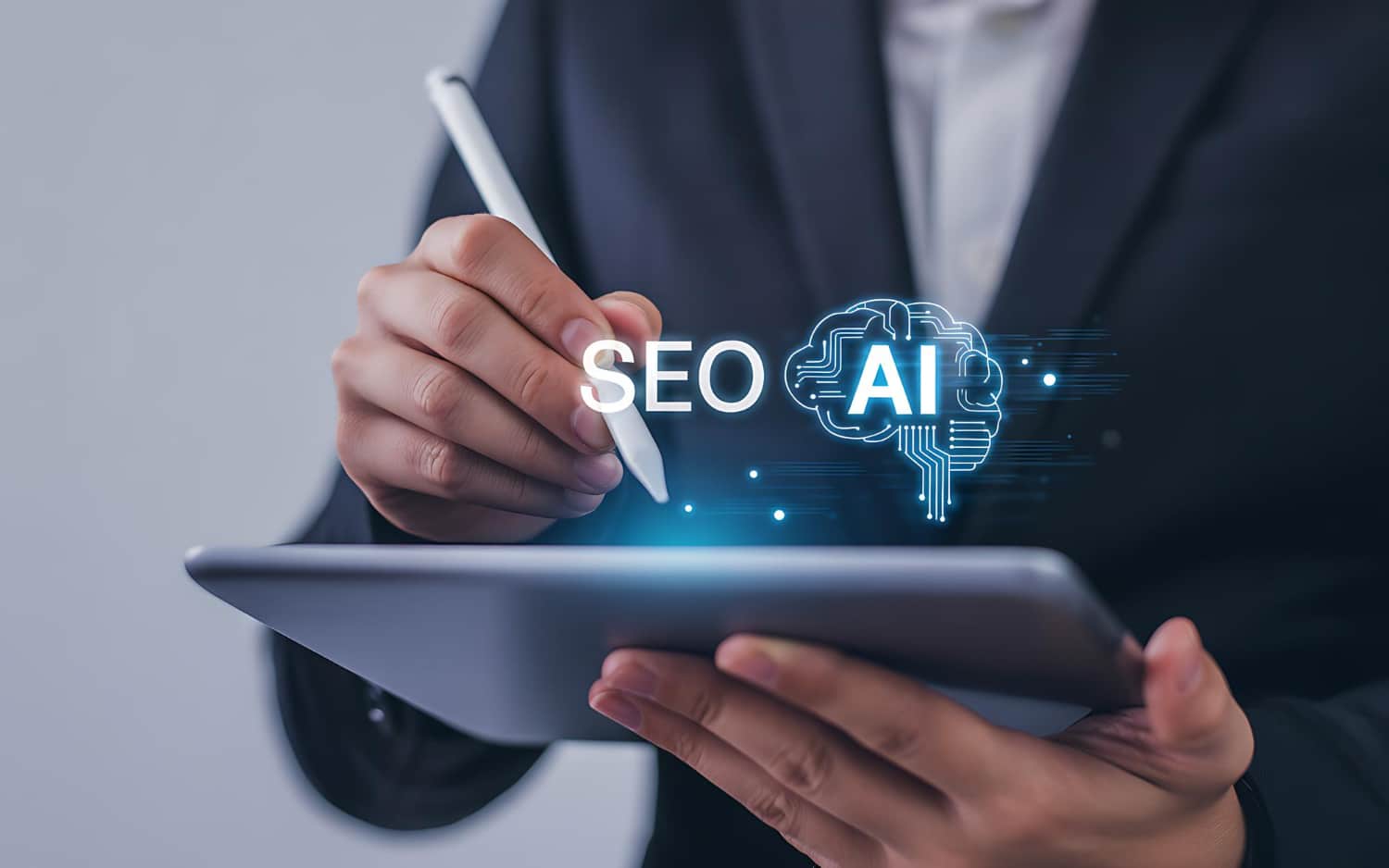 Digital illustration representing AI SEO services with SEO and AI technology displayed above a tablet, highlighting AI search optimization, generative engine optimization, and AI-powered search visibility.
